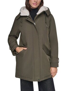 Womens small dkny JACKET. OLIVE GREEN LONG SLEEVE POCKETS SHERPA HOOD COAT